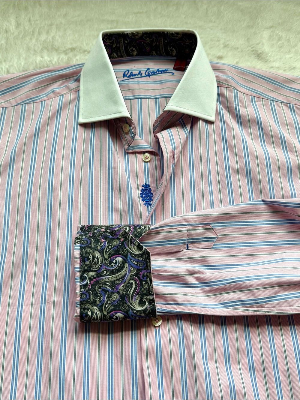 Robert Graham Button Front Shirt Flip Cuffs S 38 Pink Blue Green Striped Paisley
